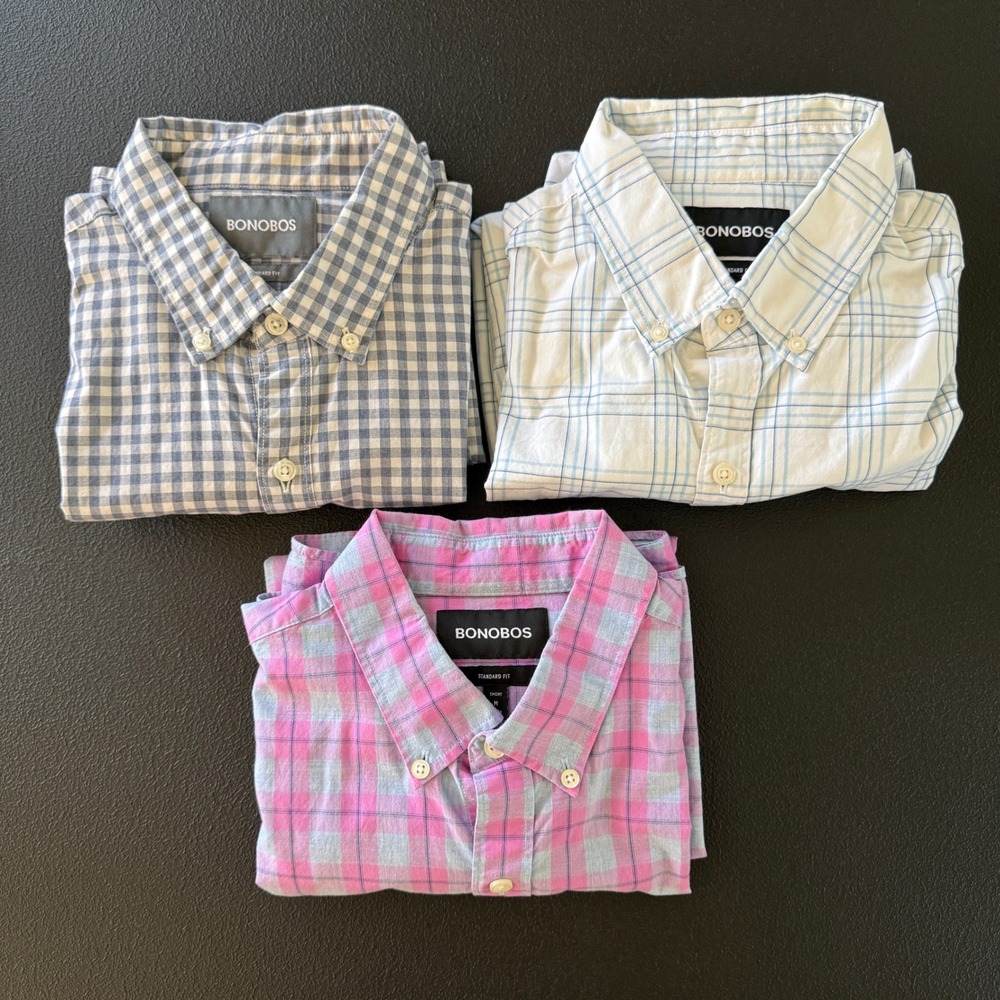 Lot of 3 Bonobos Button Down Shirts Mens‎ M Pink Plaid Gingham Standard Fit
